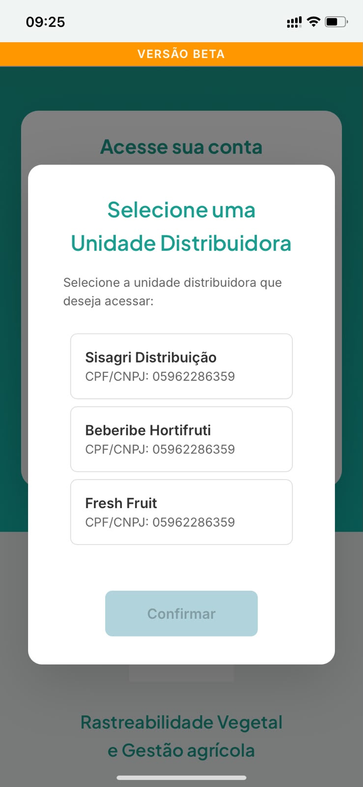 Seleção de unidade no mobile