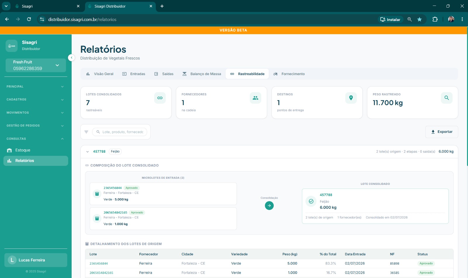 Rastreabilidade completa por lote consolidado