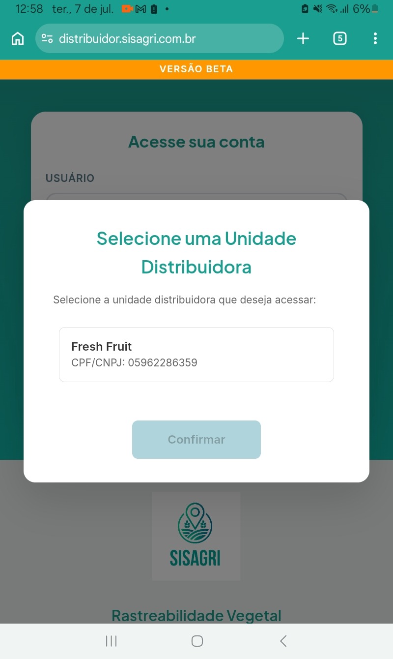 Seleção de unidade no tablet