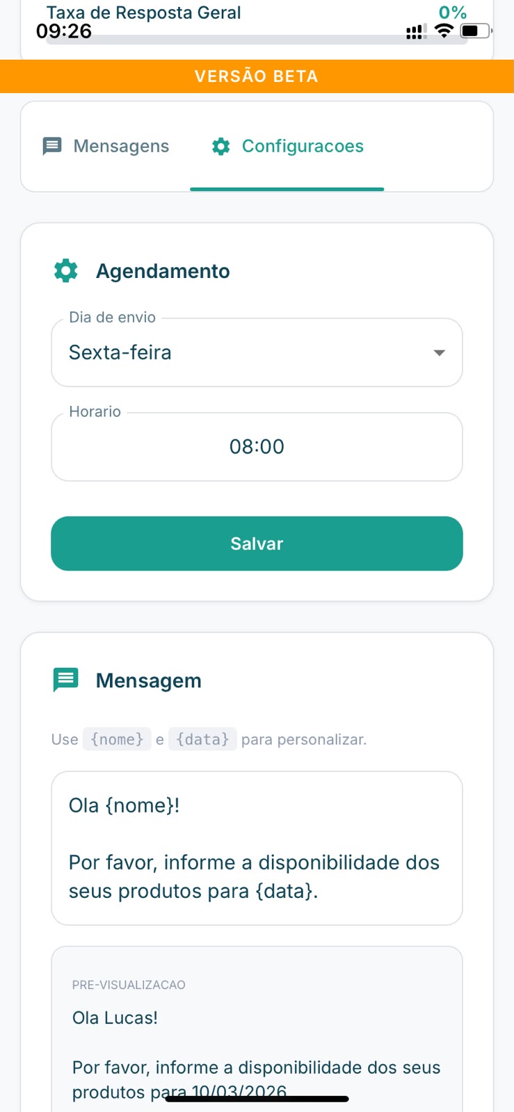 Configuração de fornecedor e produtos
